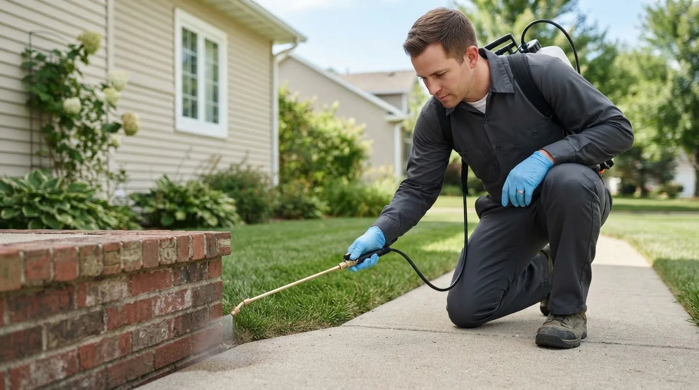 Pest control technician treating a home near Rockford, IL