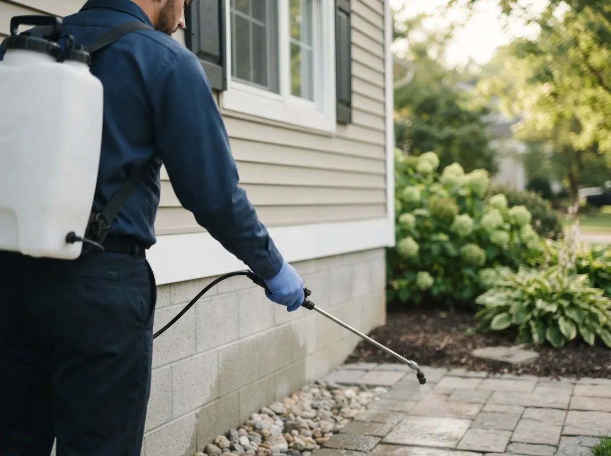 Pest control technician inspecting a home in Rockford, IL